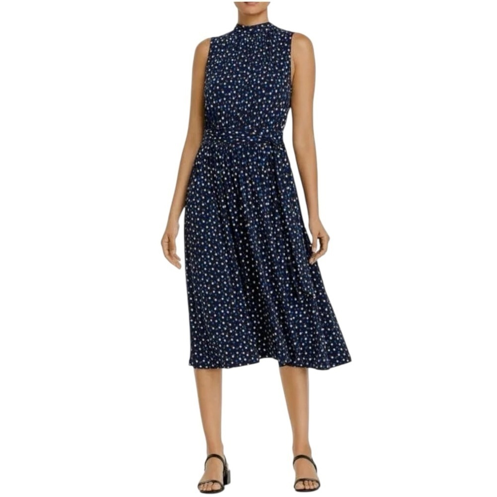 NEW NWT Leota Women's Mindy Shirred Dot Mock-Neck Waist Midi Dress (Blue) Size M